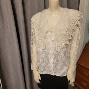 80s Vtg Celestial Coquette Cottagecore Lace Button Up Blouse Scott McClintock 12